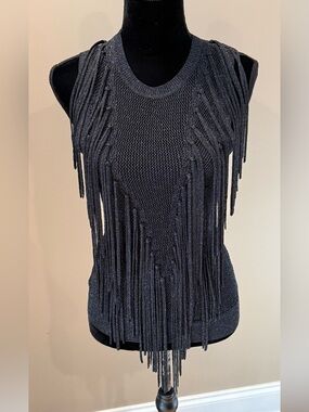 Women’s RONNY KOBO Ronja black metallic fringe sleeveless sweater top- Size XS